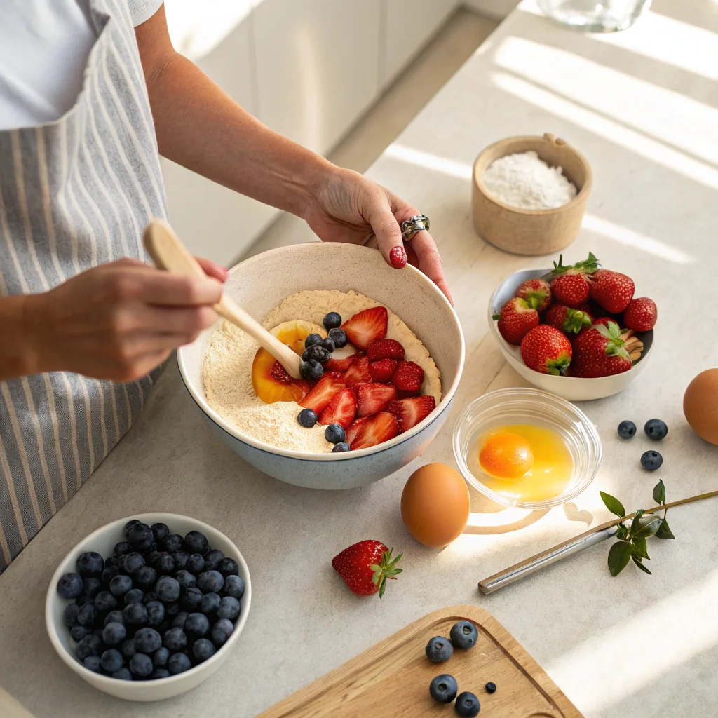 Close-up of preparing a cake mix with fresh fruits like strawberries and blueberries, showing the ingredients being incorporated for a cake mix fruit eggs recipe.
