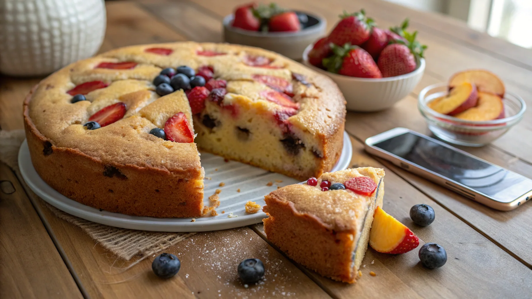 Delicious cake mix fruit eggs recipe with fresh strawberries, blueberries, and peaches, showcasing a moist and fluffy texture with fruit-filled layers.