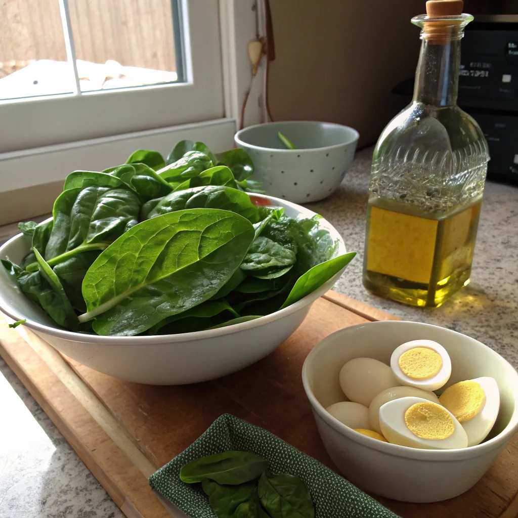 Fresh spinach leaves and boiled eggs ready for preparation, capturing the simplicity and wholesome ingredients in a spinach with boiled eggs recipe.
