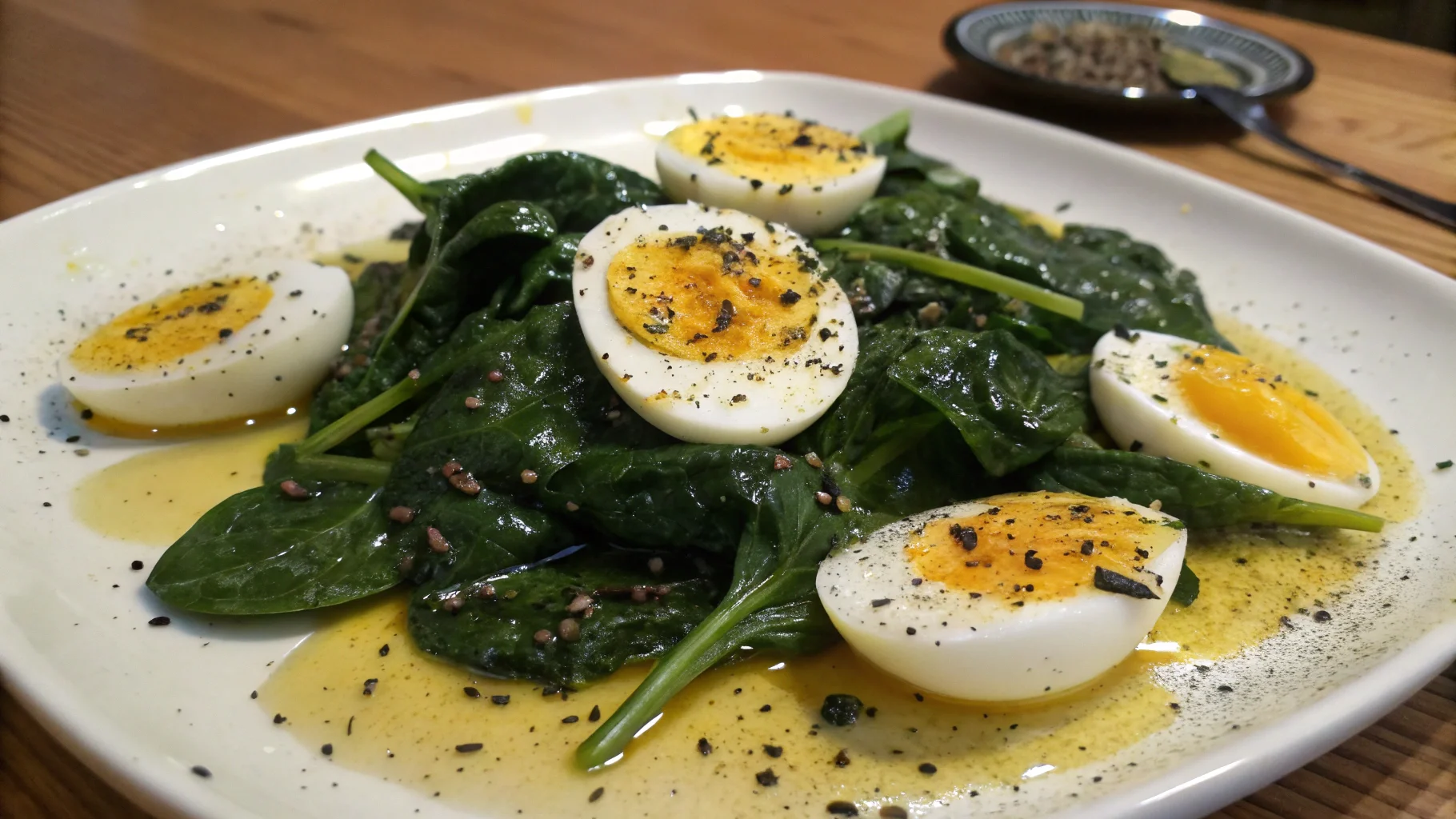 Healthy spinach with boiled eggs on a rustic plate, showcasing a simple, nutritious meal, perfect for a quick and delicious spinach with boiled eggs recipe