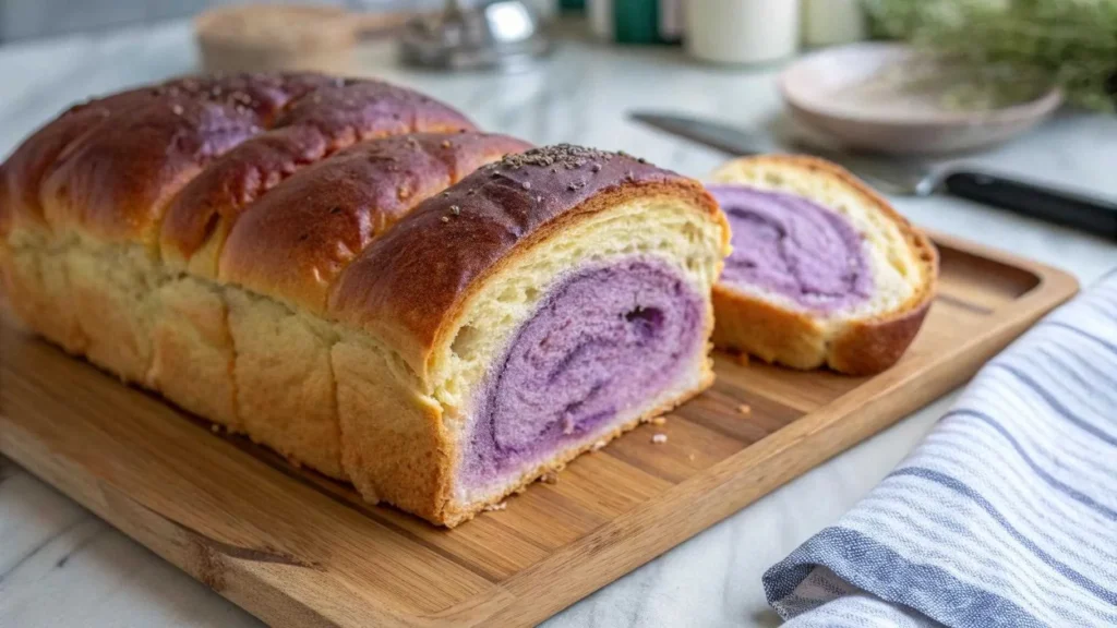 Freshly baked ube milk bread loaf with a soft, purple interior.