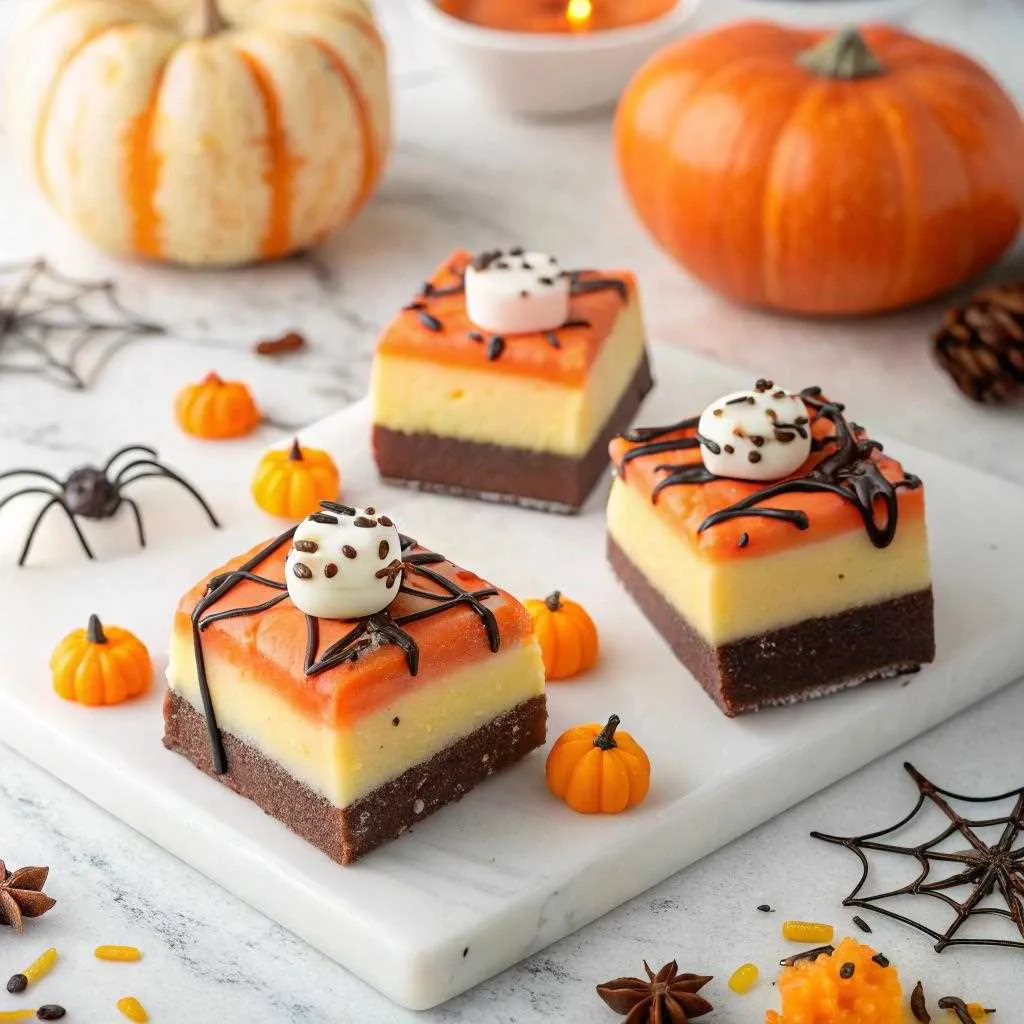 Layered Halloween candy corn fudge squares on a marble slab, decorated with chocolate drizzle, marshmallows, and festive pumpkins, surrounded by spiderweb props and autumn decor.