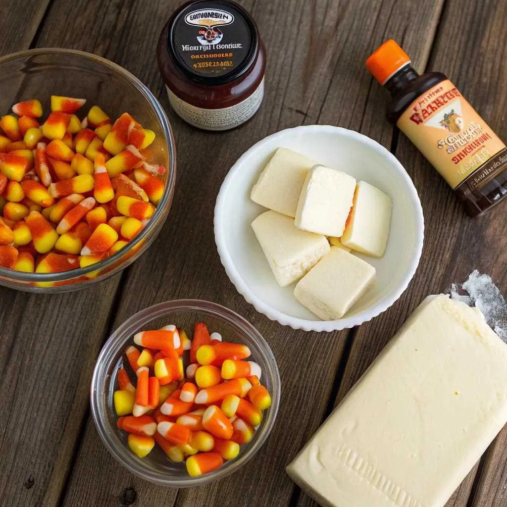 Ingredients for candy corn fudge on a wooden table, including bowls of candy corn, white chocolate, vanilla extract, and sweetened condensed milk.