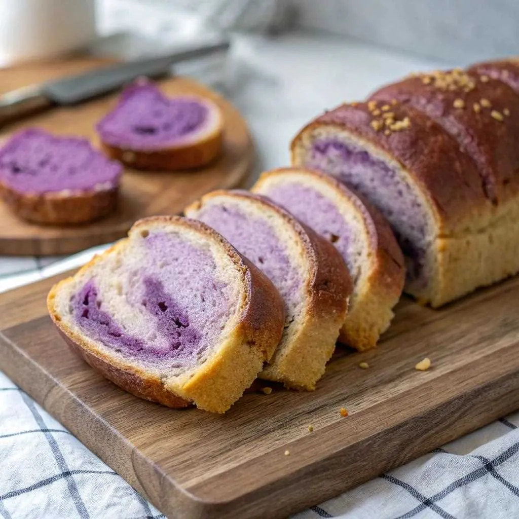 Sliced ube milk bread with a golden crust and soft purple interior.