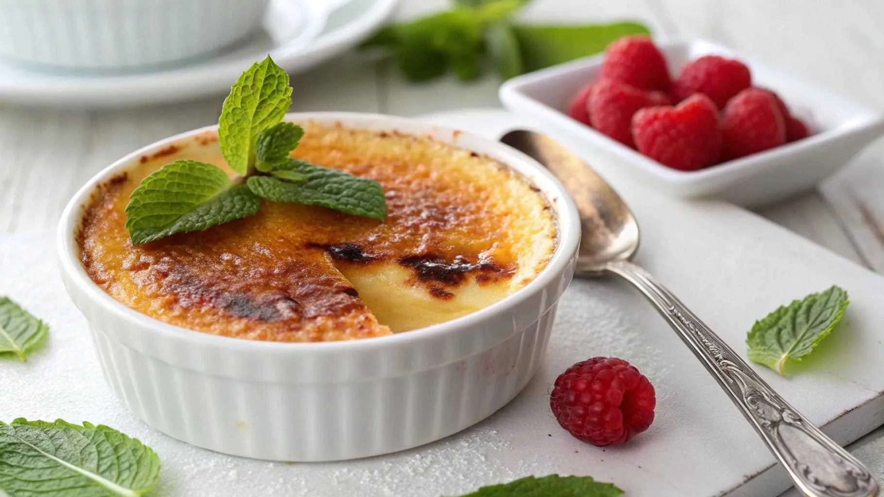 Classic crème brûlée served in a white ramekin with a golden caramelized sugar top, garnished with fresh mint leaves and surrounded by raspberries