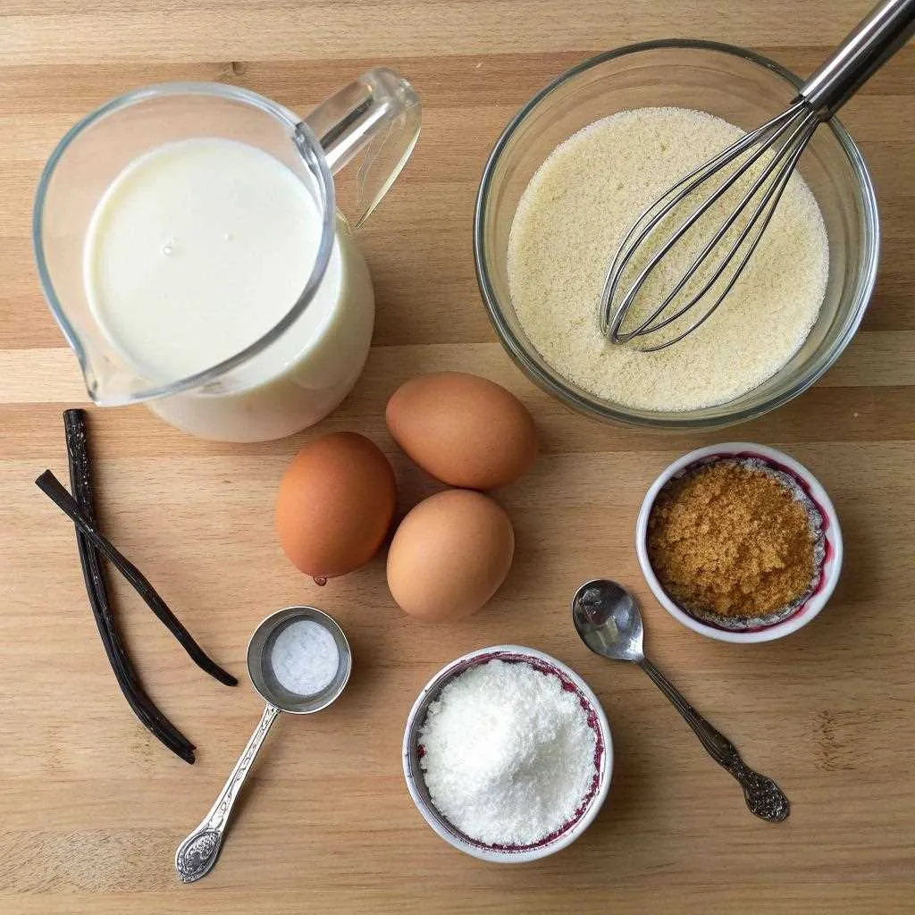 Ingredients for crème brûlée including milk, eggs, sugar, vanilla bean, and salt arranged on a wooden countertop with a whisk and measuring spoon.