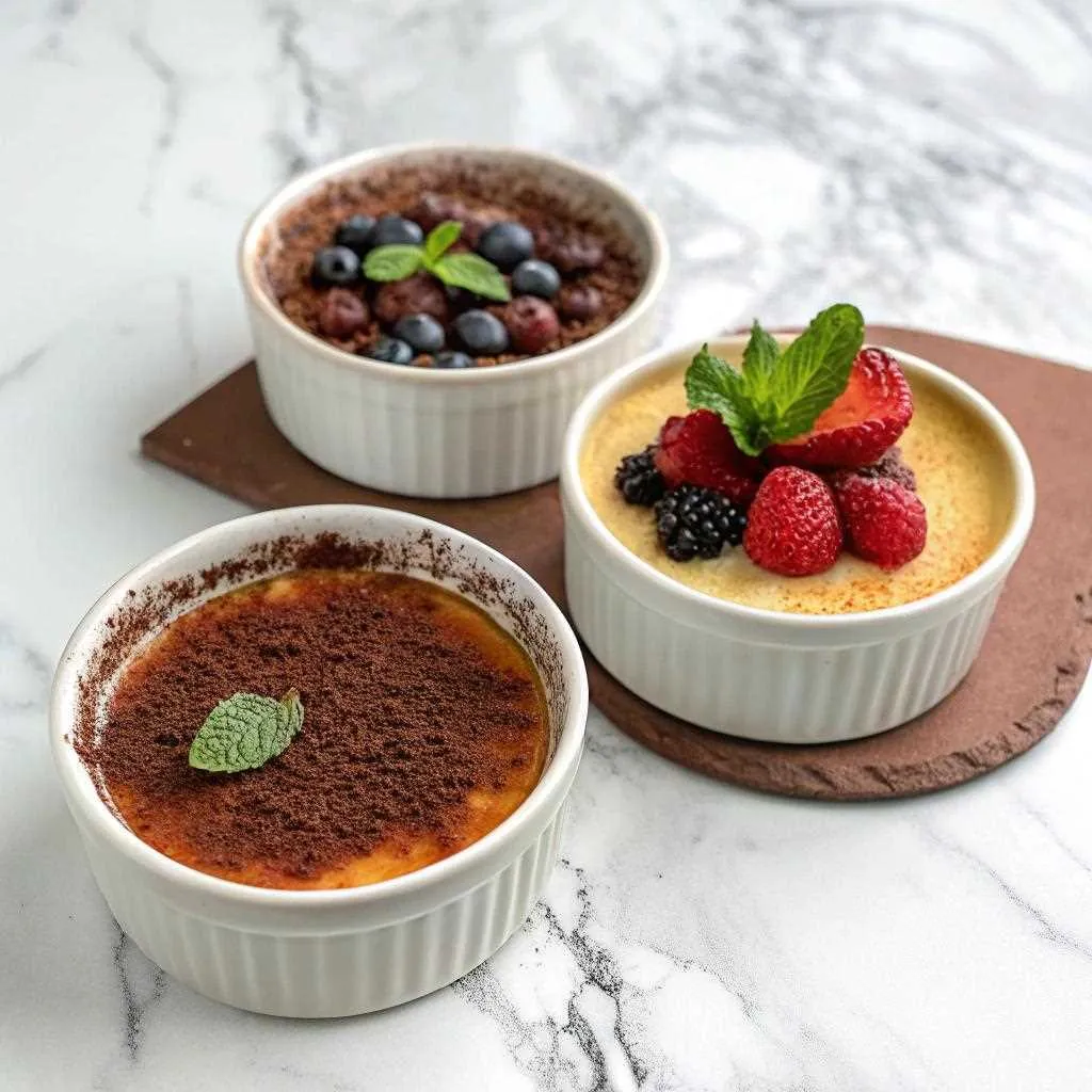 Three variations of crème brûlée in ramekins, including a cocoa-dusted version, a berry-topped version, and a classic version garnished with mint leaves.