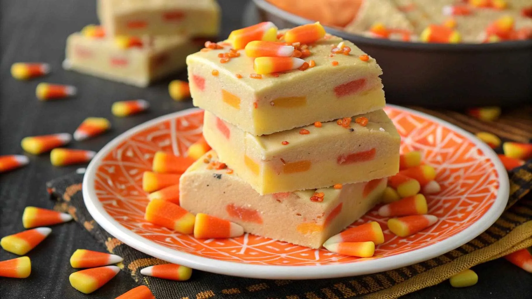 A stack of candy corn fudge squares on an orange patterned plate, decorated with candy corn pieces and orange sprinkles, perfect for Halloween.