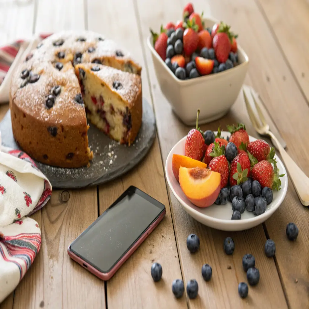 Homemade cake made with cake mix, fresh fruits, and eggs, served with blueberries, strawberries, and peaches on a rustic wooden table.