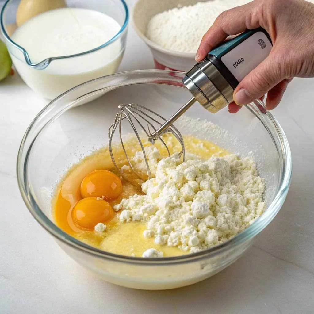 Blending eggs and cottage cheese for a creamy, fluffy texture