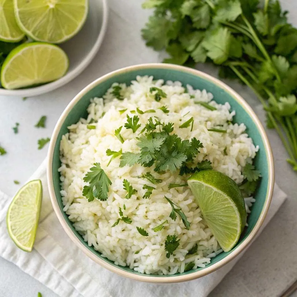 Fluffy cilantro lime rice garnished with fresh cilantro and lime wedges in a bowl.