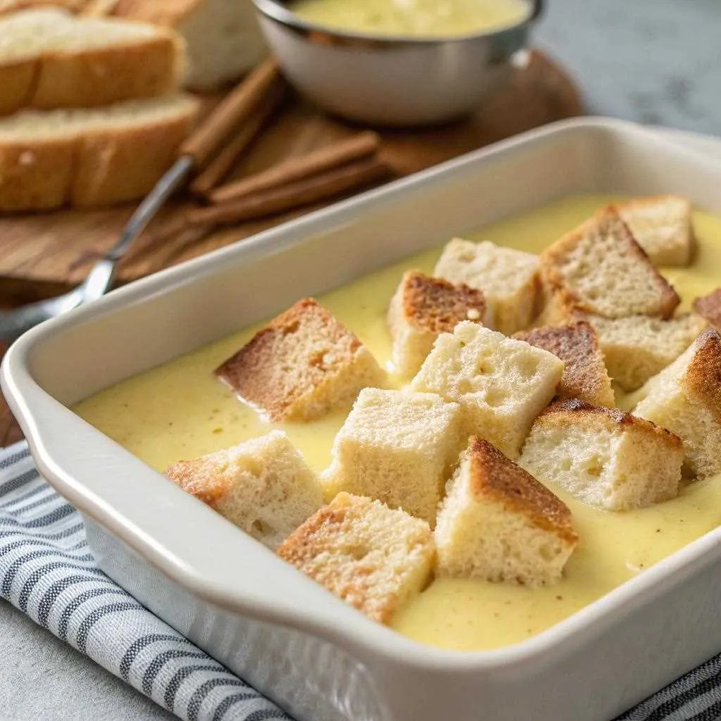 Bread cubes soaking in cinnamon custard for French toast casserole