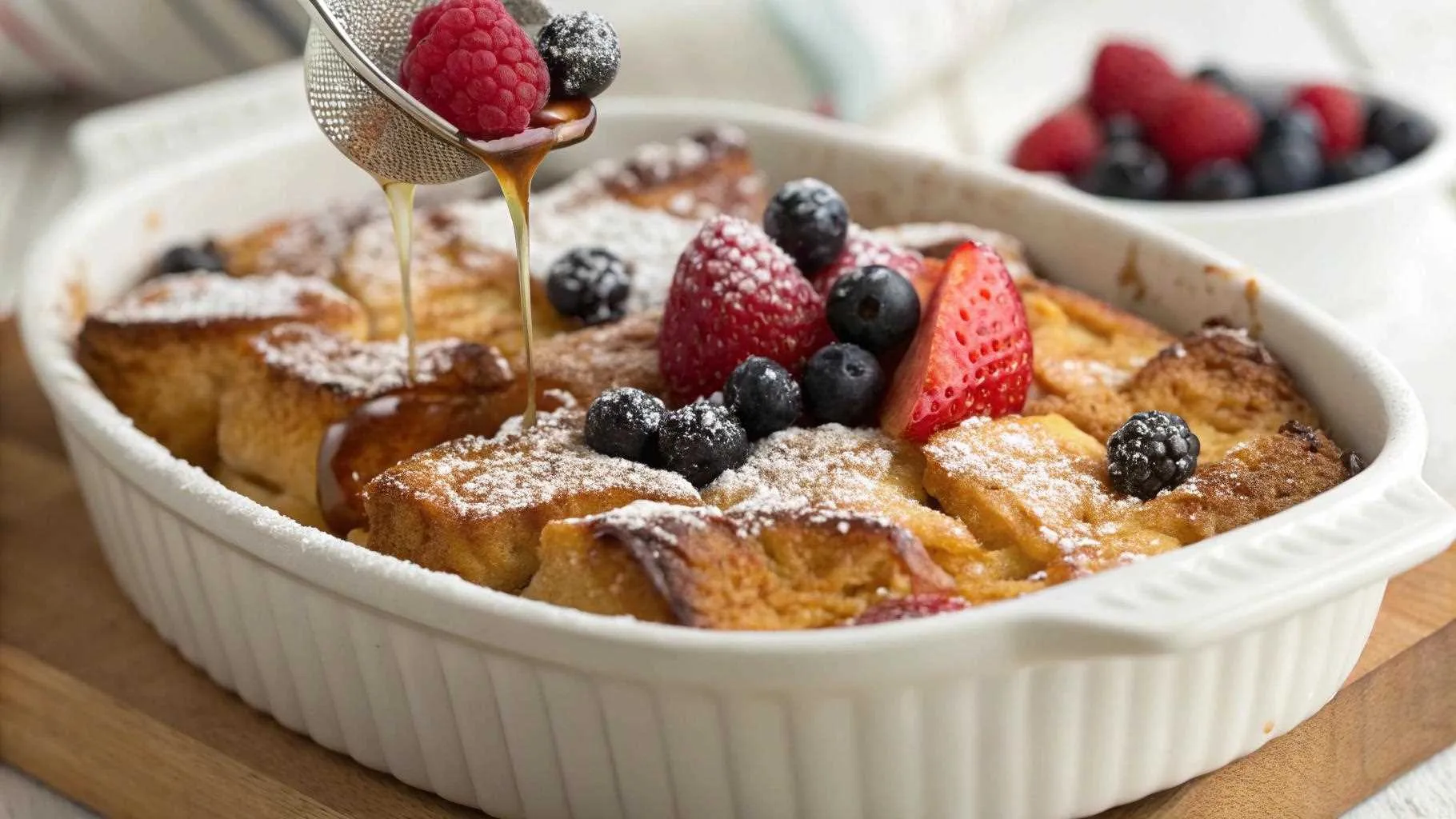 Easy French Toast Casserole Recipe with berries and maple syrup