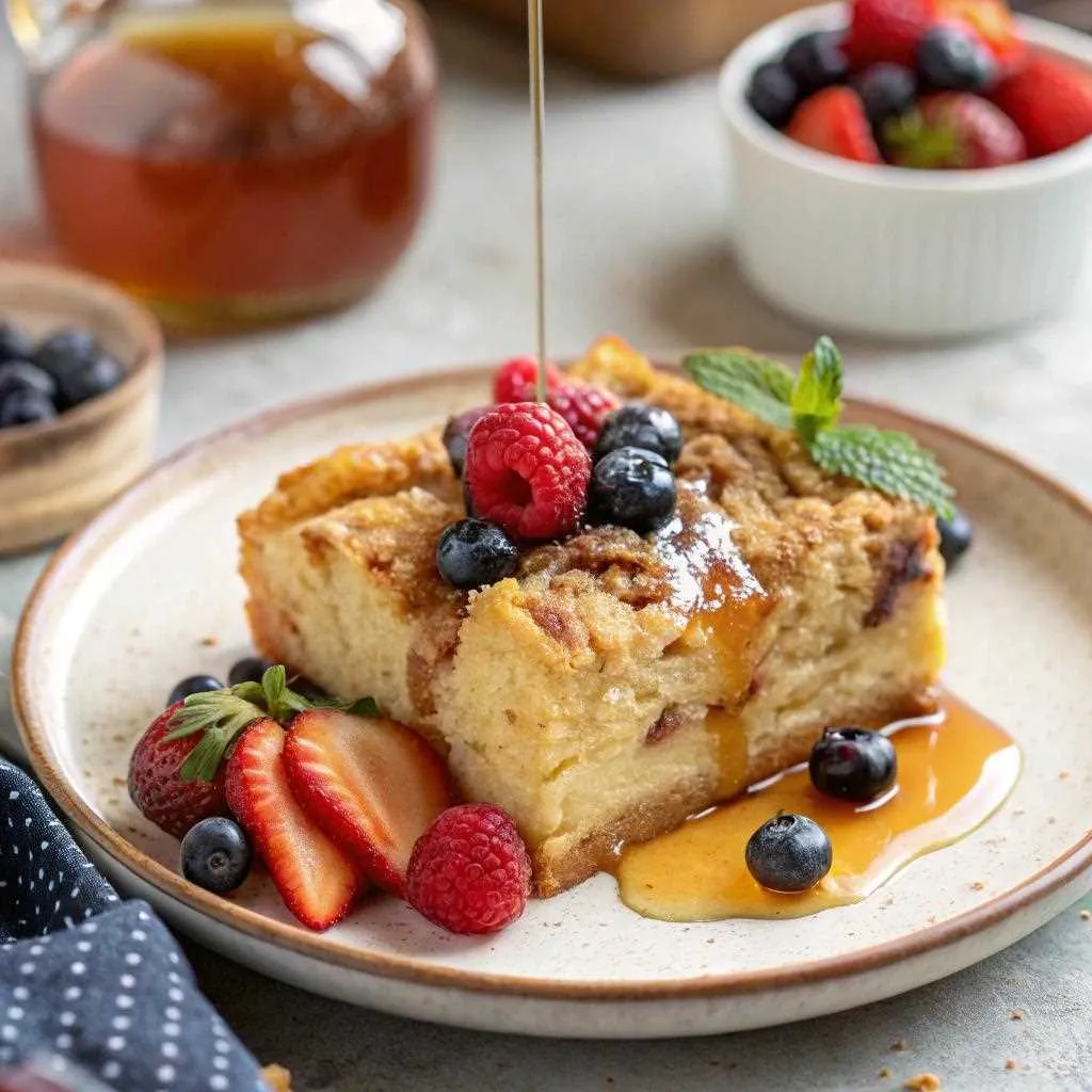 A warm slice of French toast casserole with maple syrup drizzle