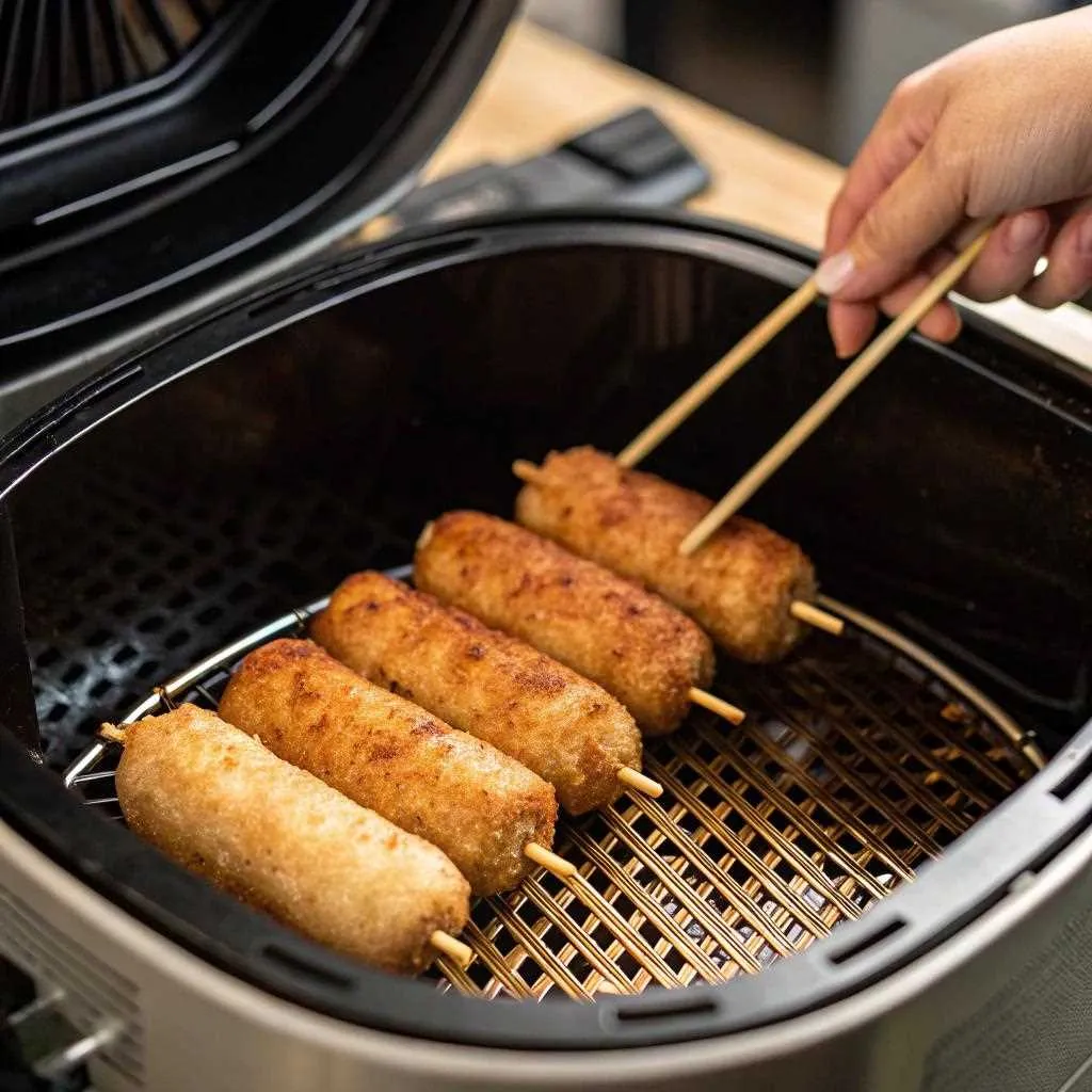 Crispy air-fried Pancake Sausage on a Stick in an air fryer basket.