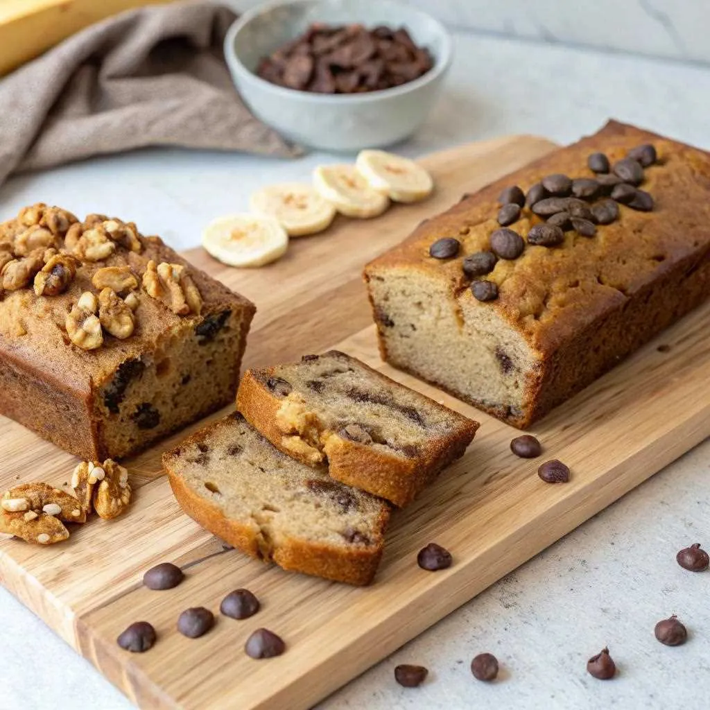 Three variations of banana bread – classic, chocolate chip, and walnut