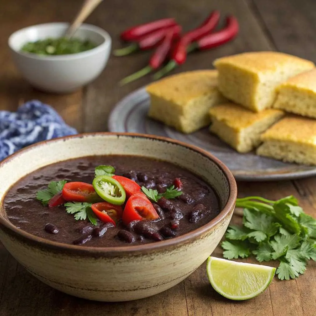 Purple black bean soup served with cornbread.