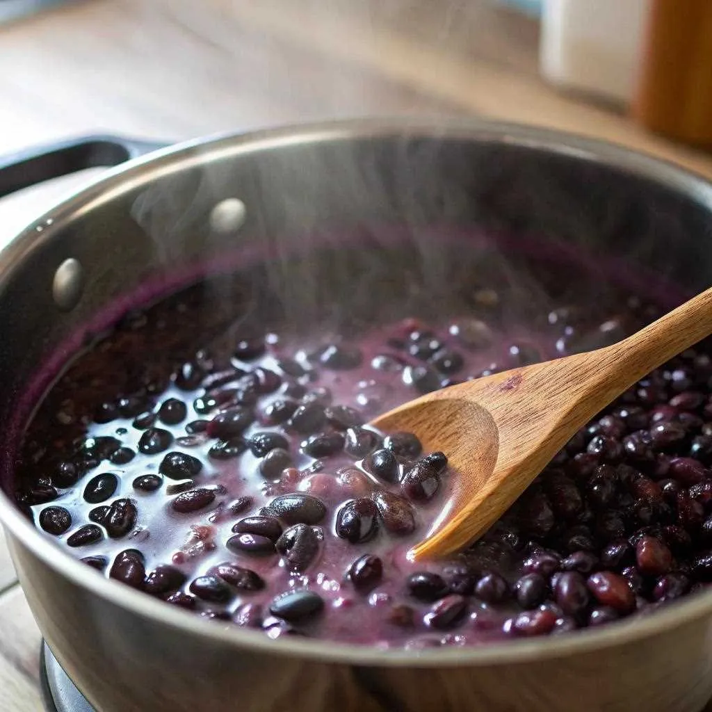 Black beans simmering in a pot, turning deep purple.