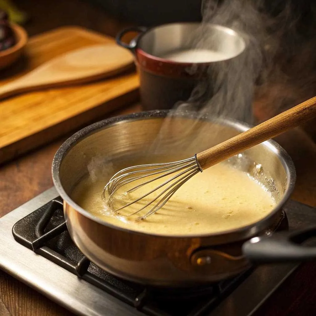 Whisking cheese powder sauce for scalloped potatoes.