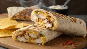 Cheesy Garlic Chicken Wraps with Melted Cheese and Crispy Tortilla