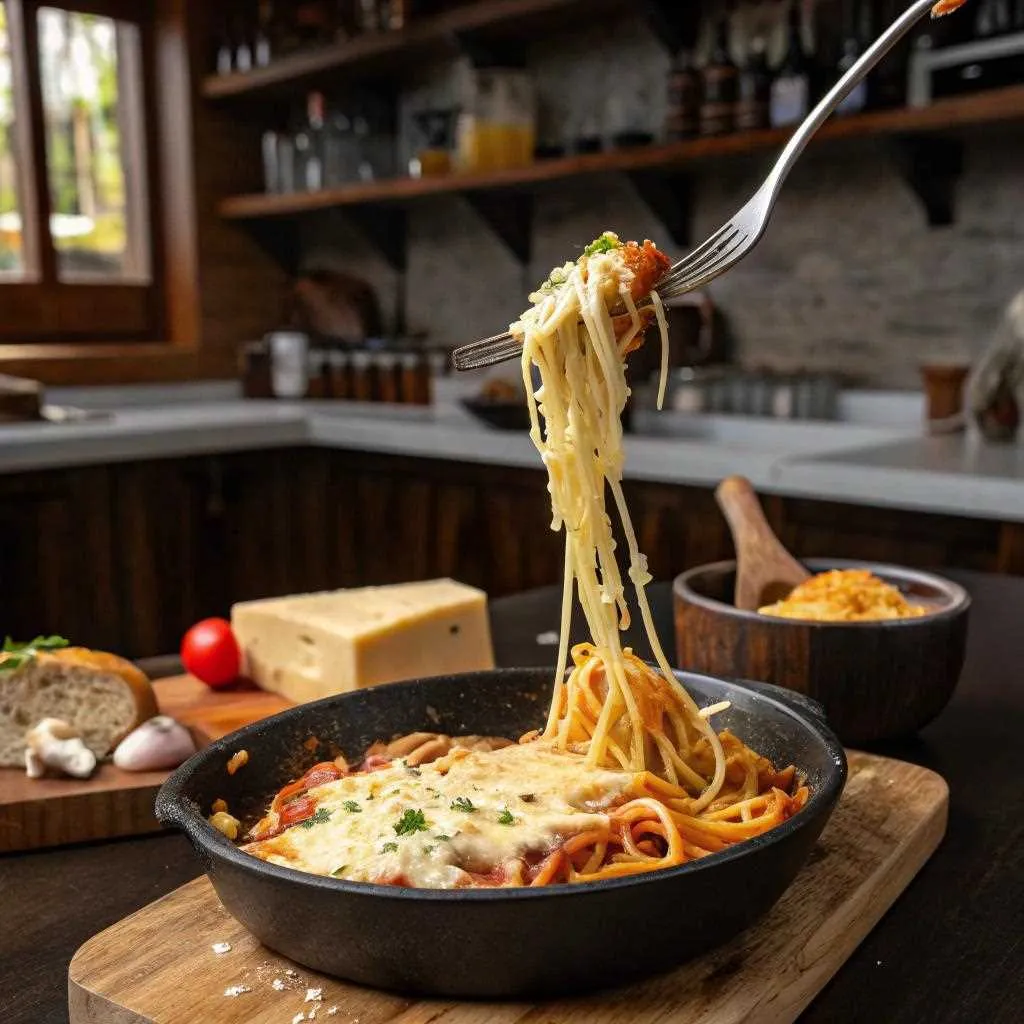 Cheesy ground chicken pasta with a cheese pull