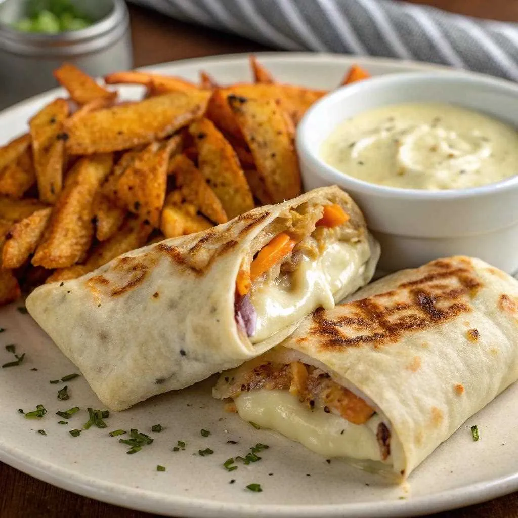 Cheesy garlic chicken wraps with sweet potato fries and garlic aioli