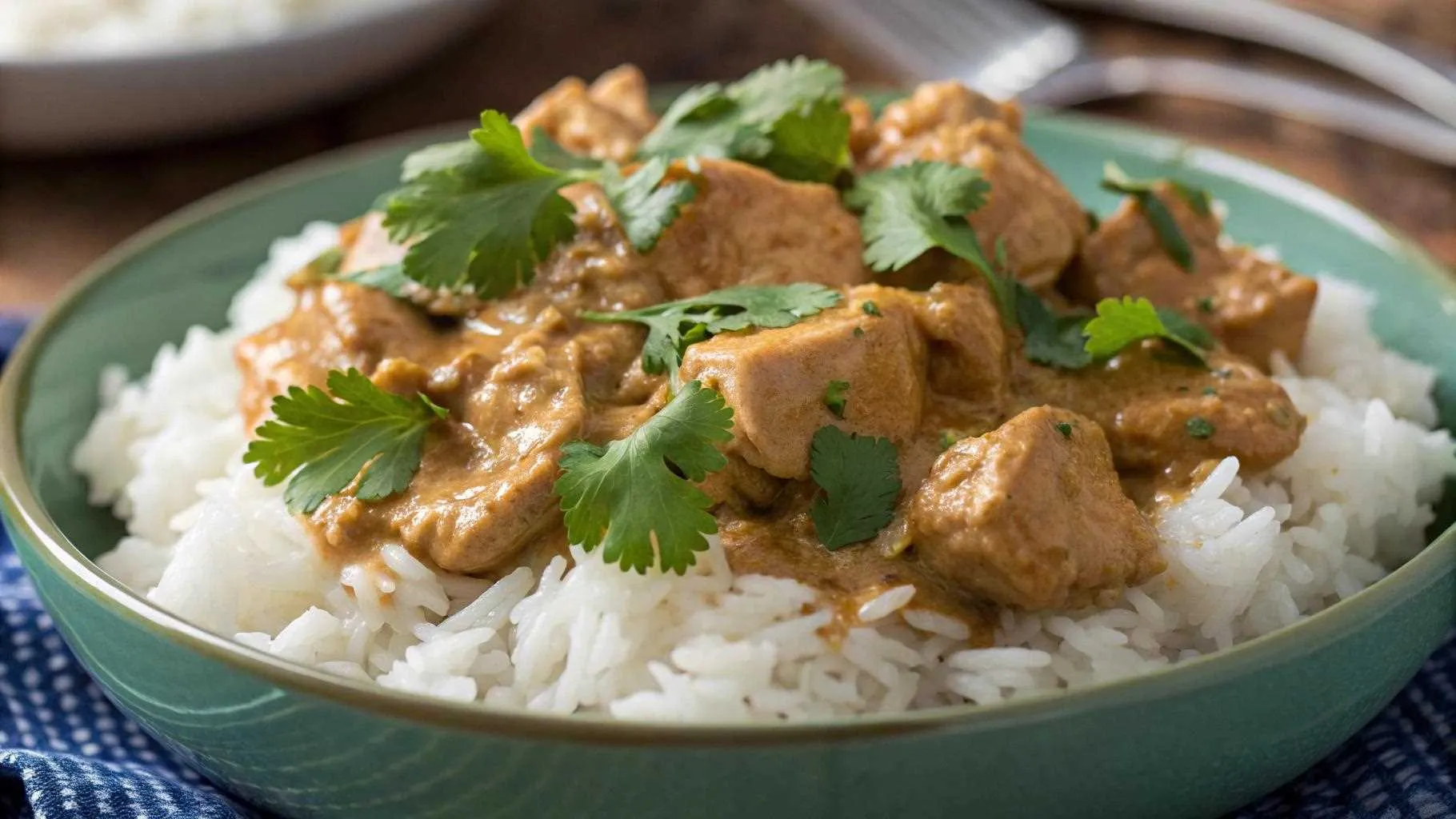 Creamy chicken with peanut butter served with rice.