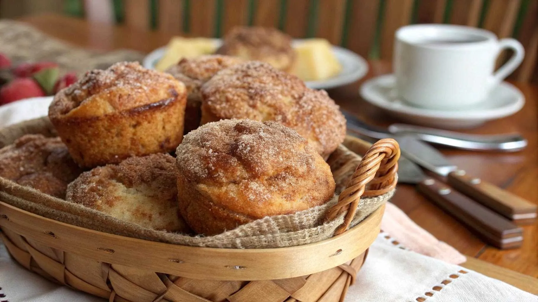 Cinnamon Sugar French Toast Muffins in a basket, coated in cinnamon sugar.