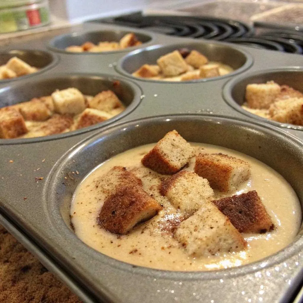 Custard-soaked bread cubes in a muffin tin, ready to bake.