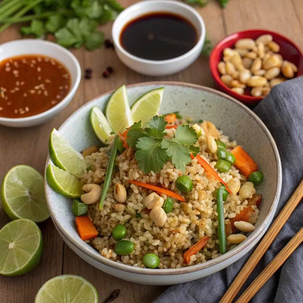 Plated Southeast Asia brown rice with vegetables, garnished and ready to serve