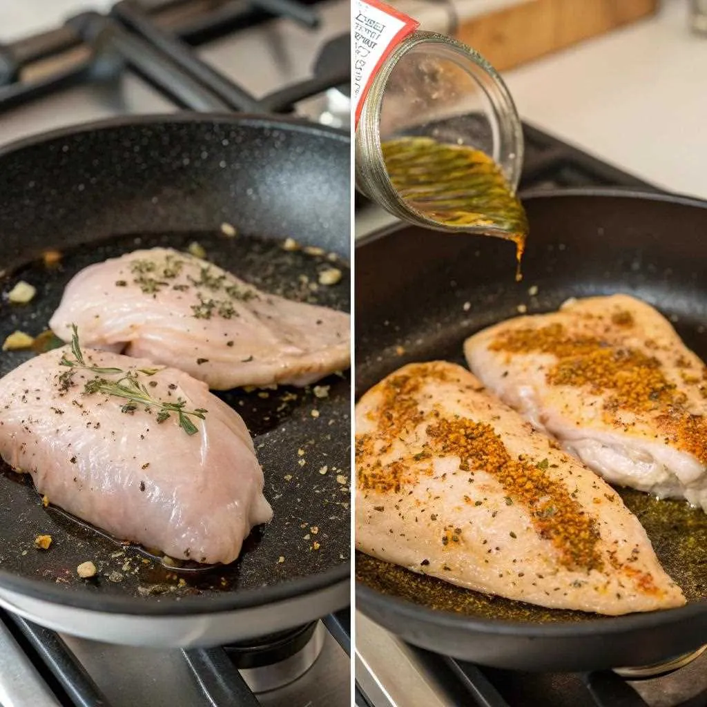 Garlic-seasoned chicken cooking in a skillet for wraps