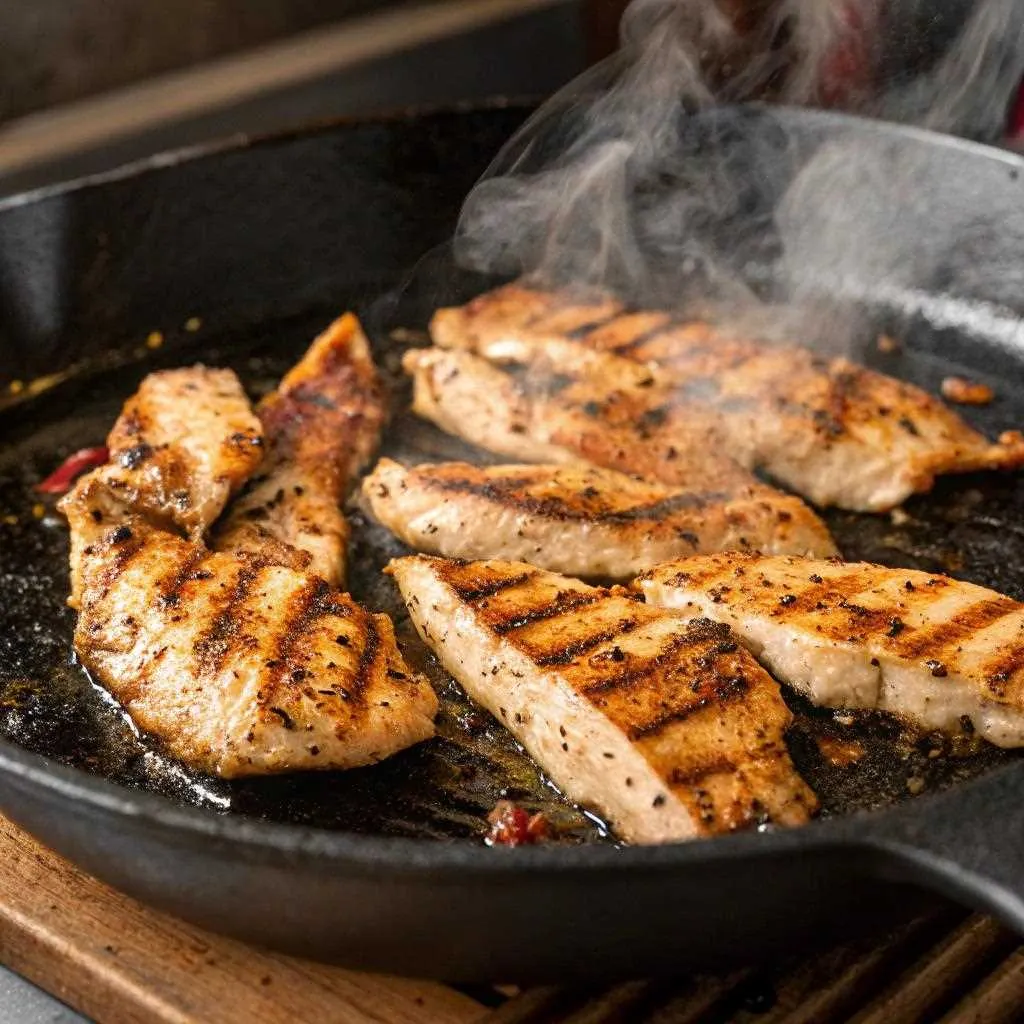 Grilled Southwest chicken strips cooking in a skillet