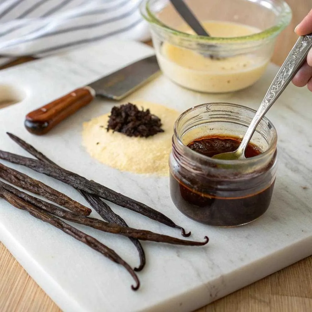 Homemade vanilla paste in a glass jar with vanilla beans.