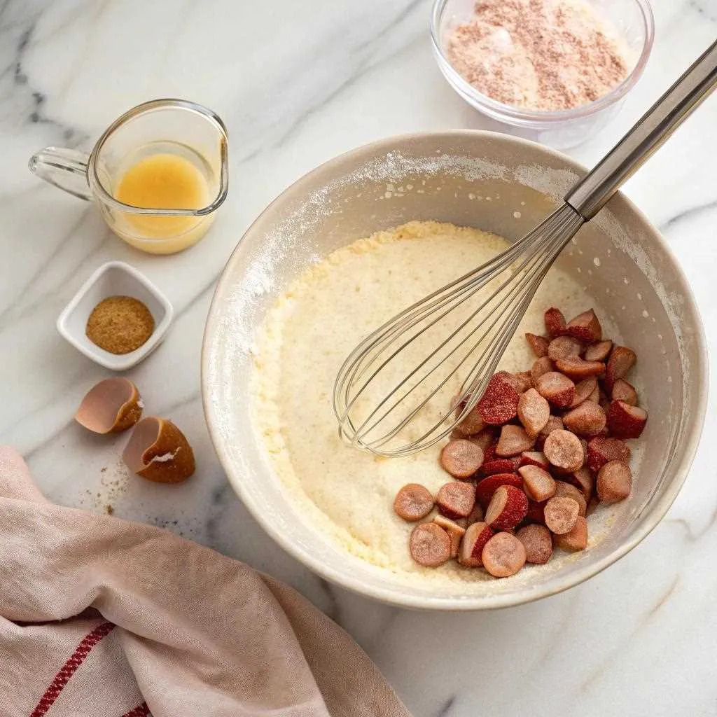 Pancake batter being mixed for Pancake Sausage Bites.