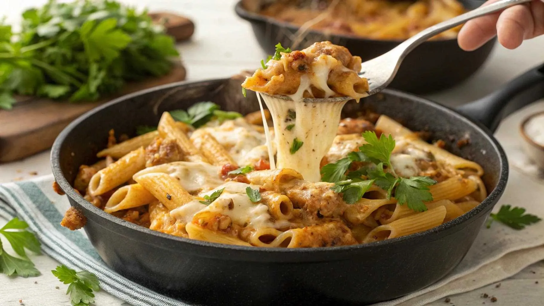 One-Skillet Cheesy Ground Chicken Pasta Recipe with Melty Cheese