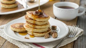 Golden-brown Pancake Sausage Bites drizzled with maple syrup.