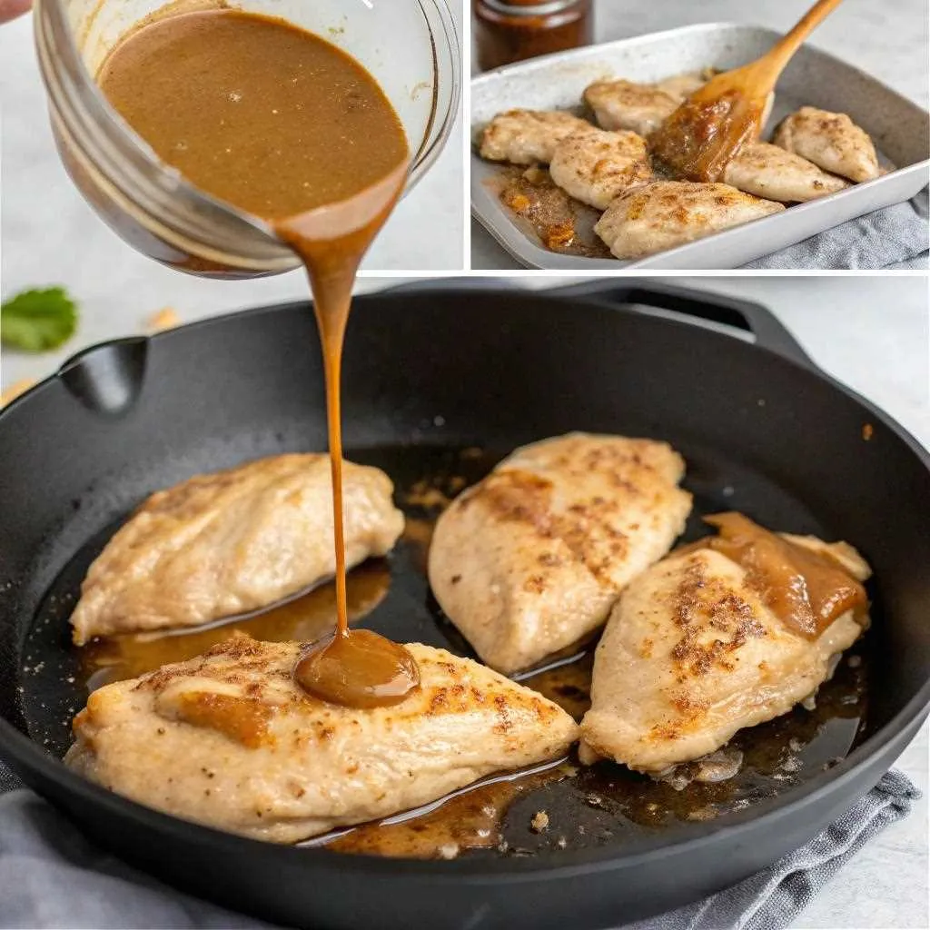 Peanut butter sauce poured over chicken in a pan