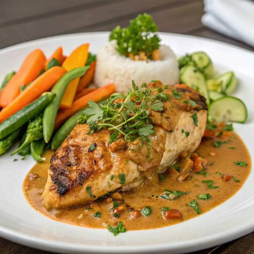 Peanut butter chicken with vegetables and rice.