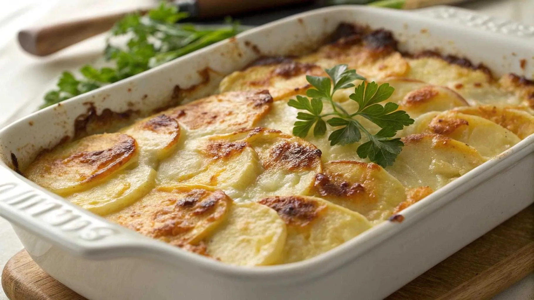 Scalloped potatoes with cheese powder baked to perfection.