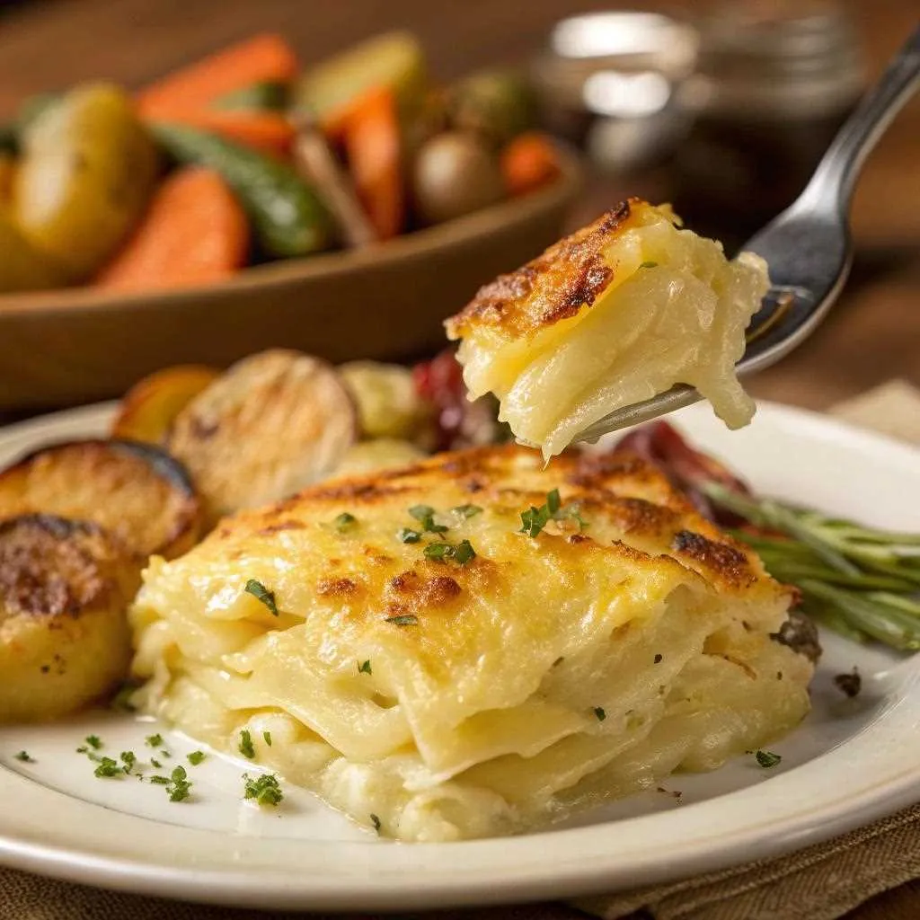 A plated serving of creamy scalloped potatoes with cheese powder.