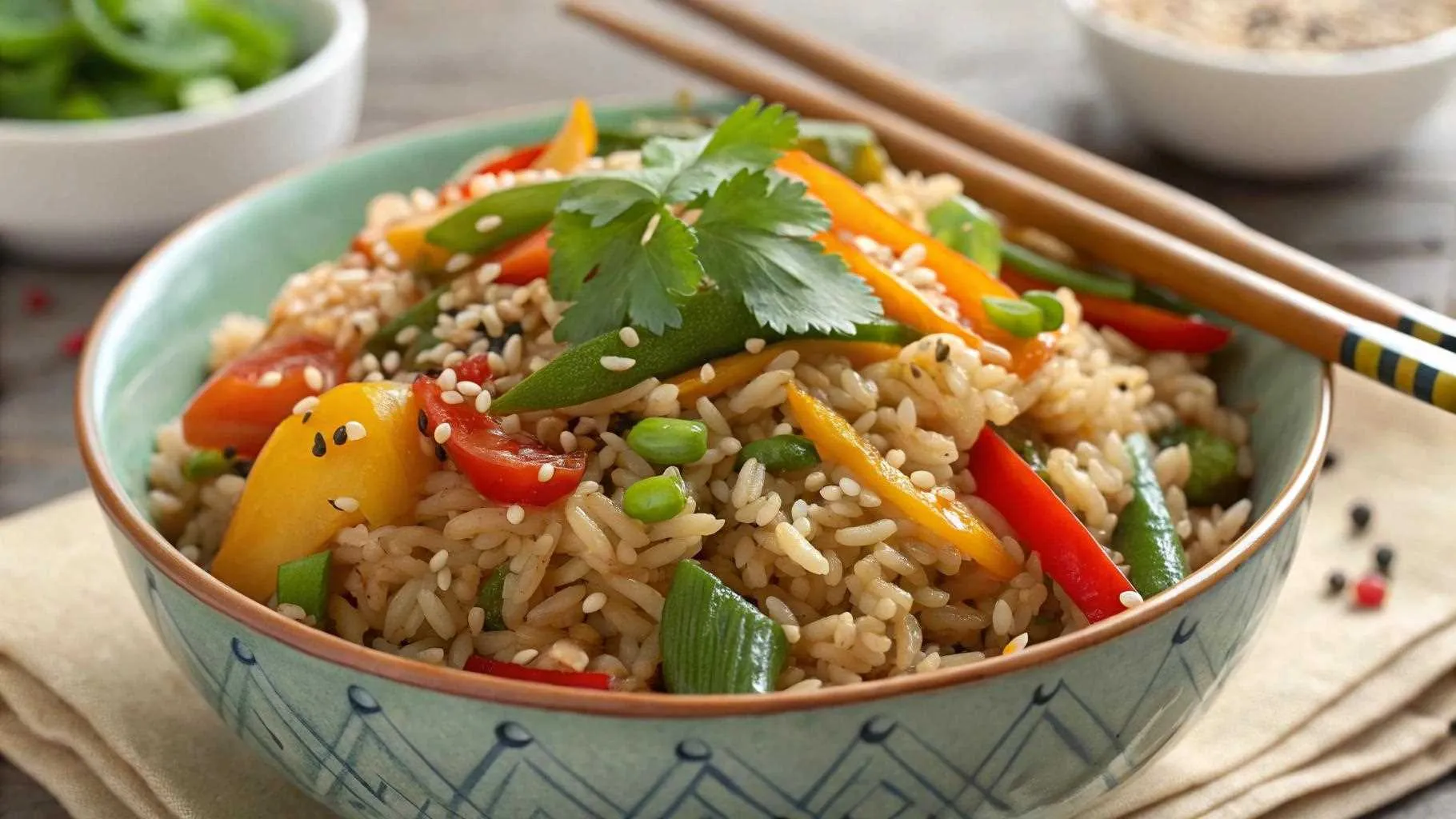 Southeast Asia brown rice with vegetables in a ceramic bowl