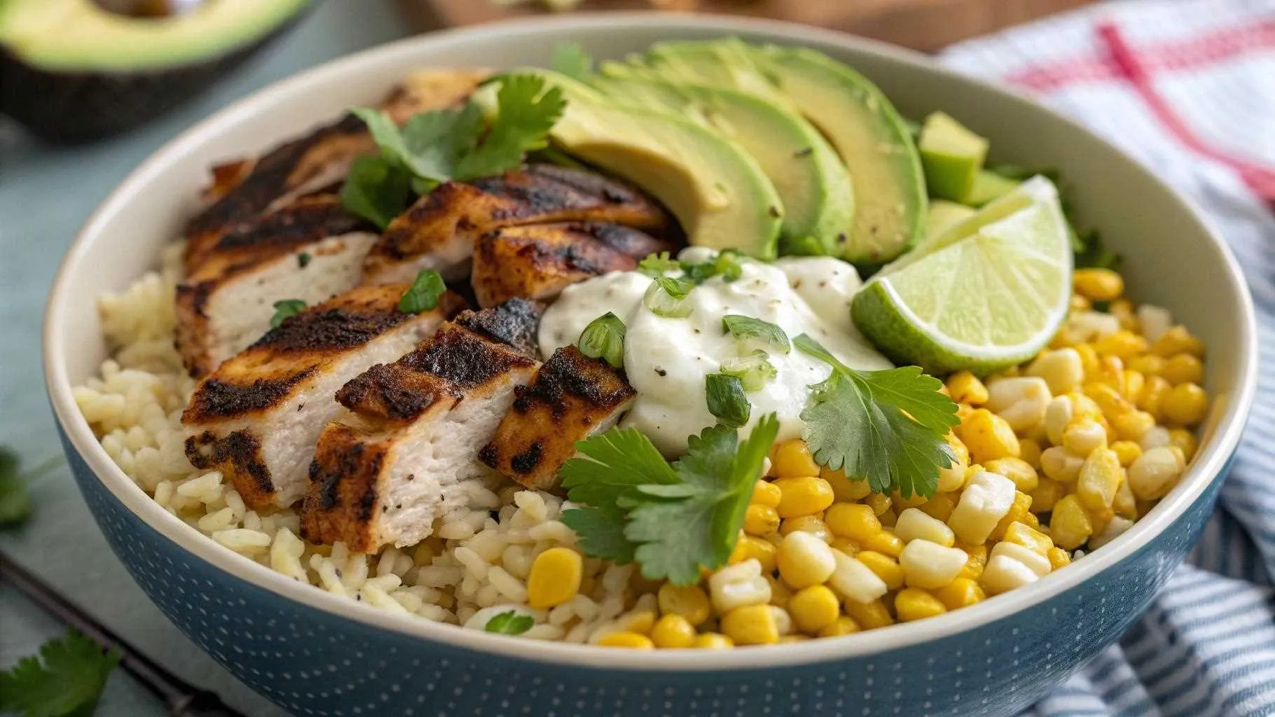 Street Corn Chicken Rice Bowl with grilled chicken and creamy street corn sauce.