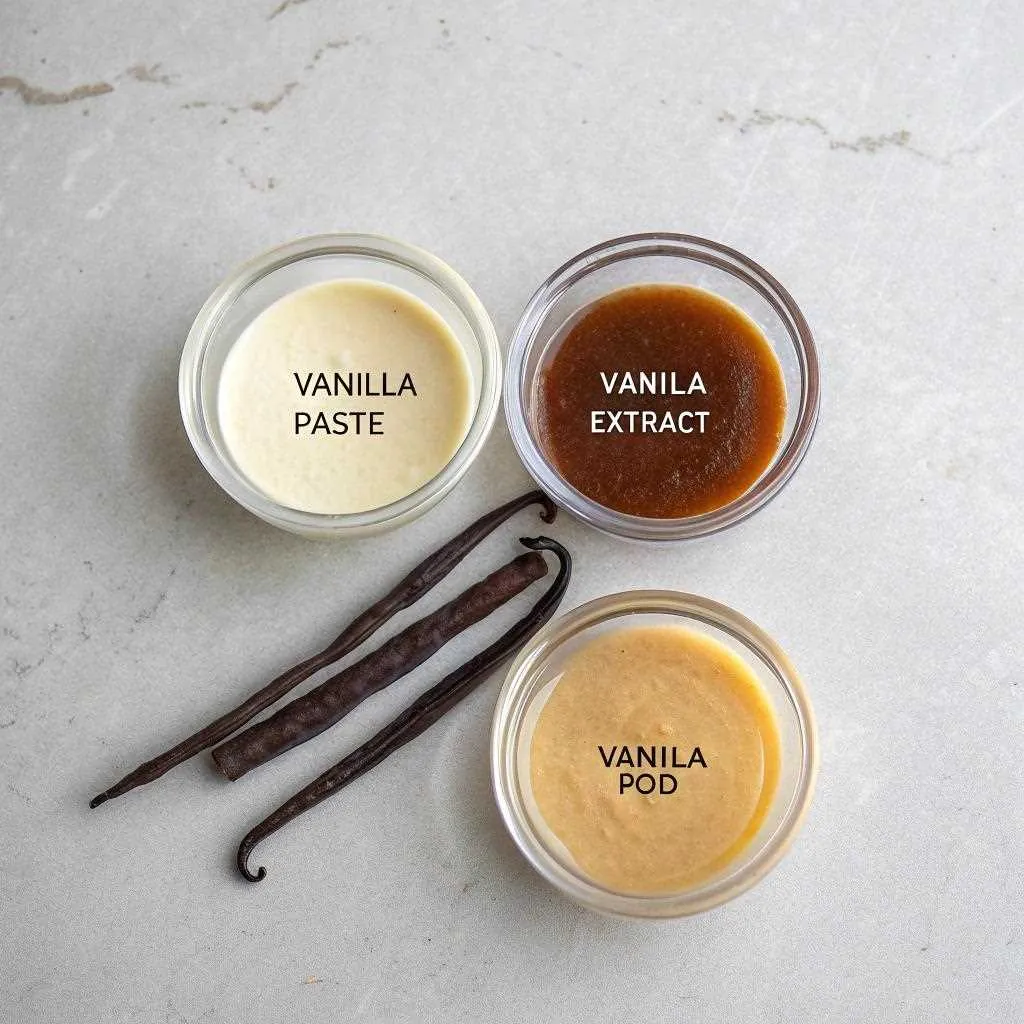 Side-by-side comparison of vanilla paste, extract, and pods.